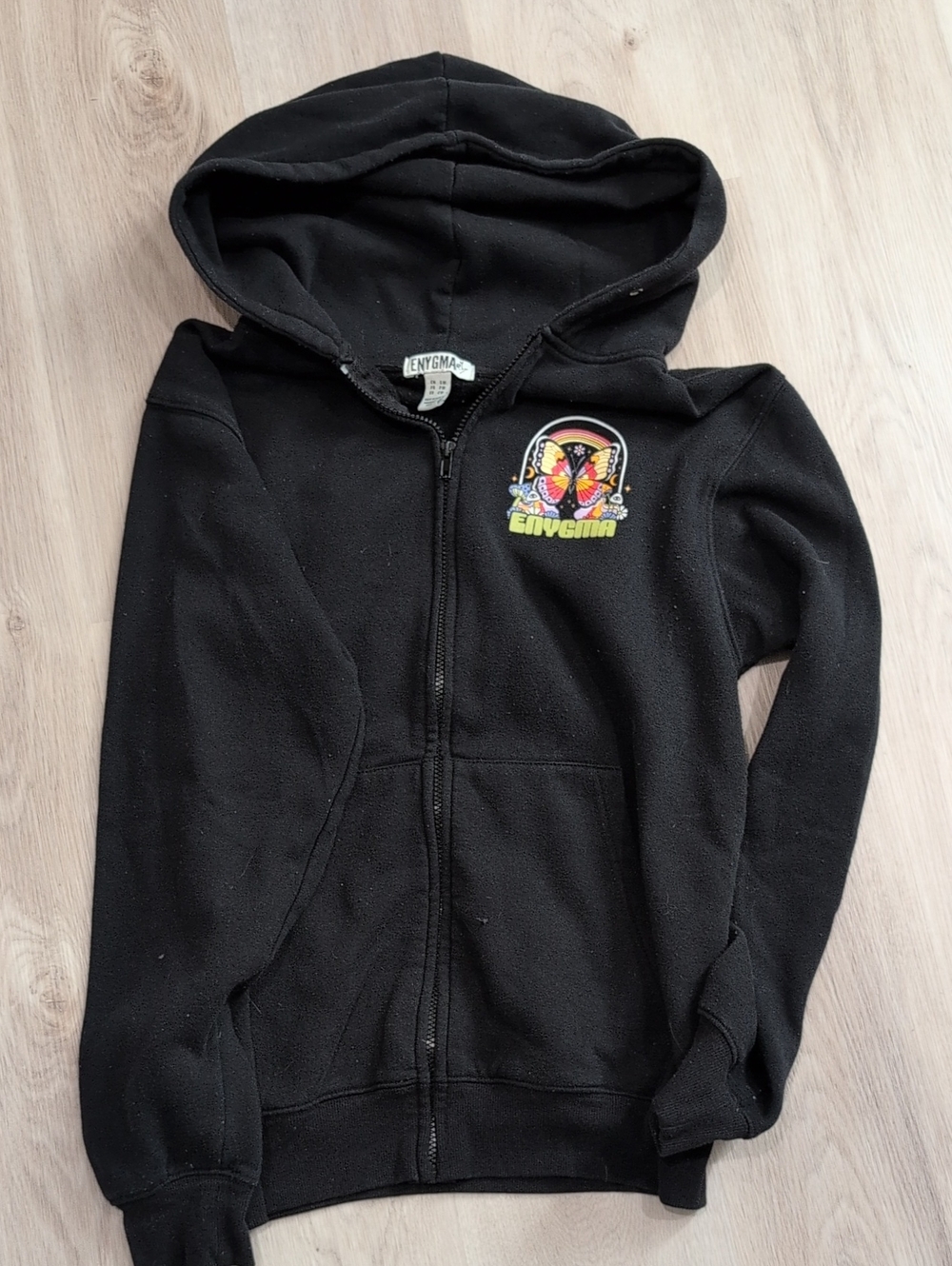 Black Kids Zip-Up Hoodie with Colorful Butterfly Patch